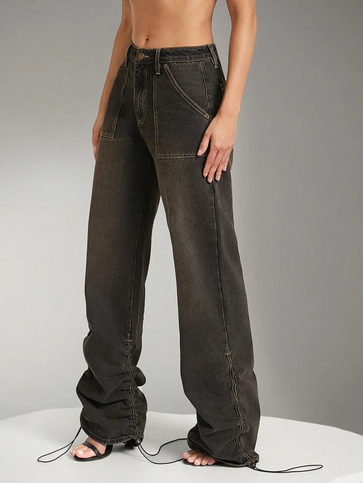 CM-BS159999 Women Casual Seoul Style Ruched Hem Tinted Utility Wide Leg Denim Jeans