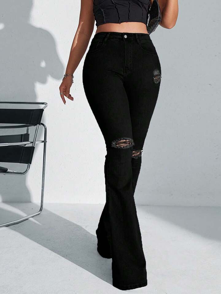 CM-BS577768 Women Casual Seoul Style Solid Color Frayed Hem Skinny Flared Jeans - Black