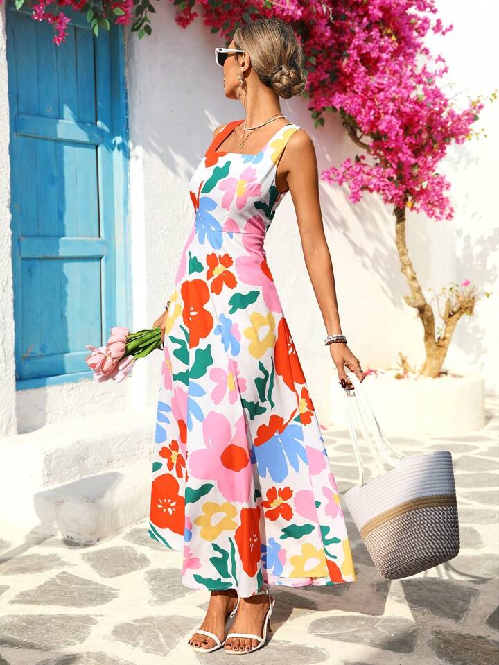 CM-DS611174 Women Trendy Bohemian Style Floral Print Square Neck Sleeveless High Waist Long Dress
