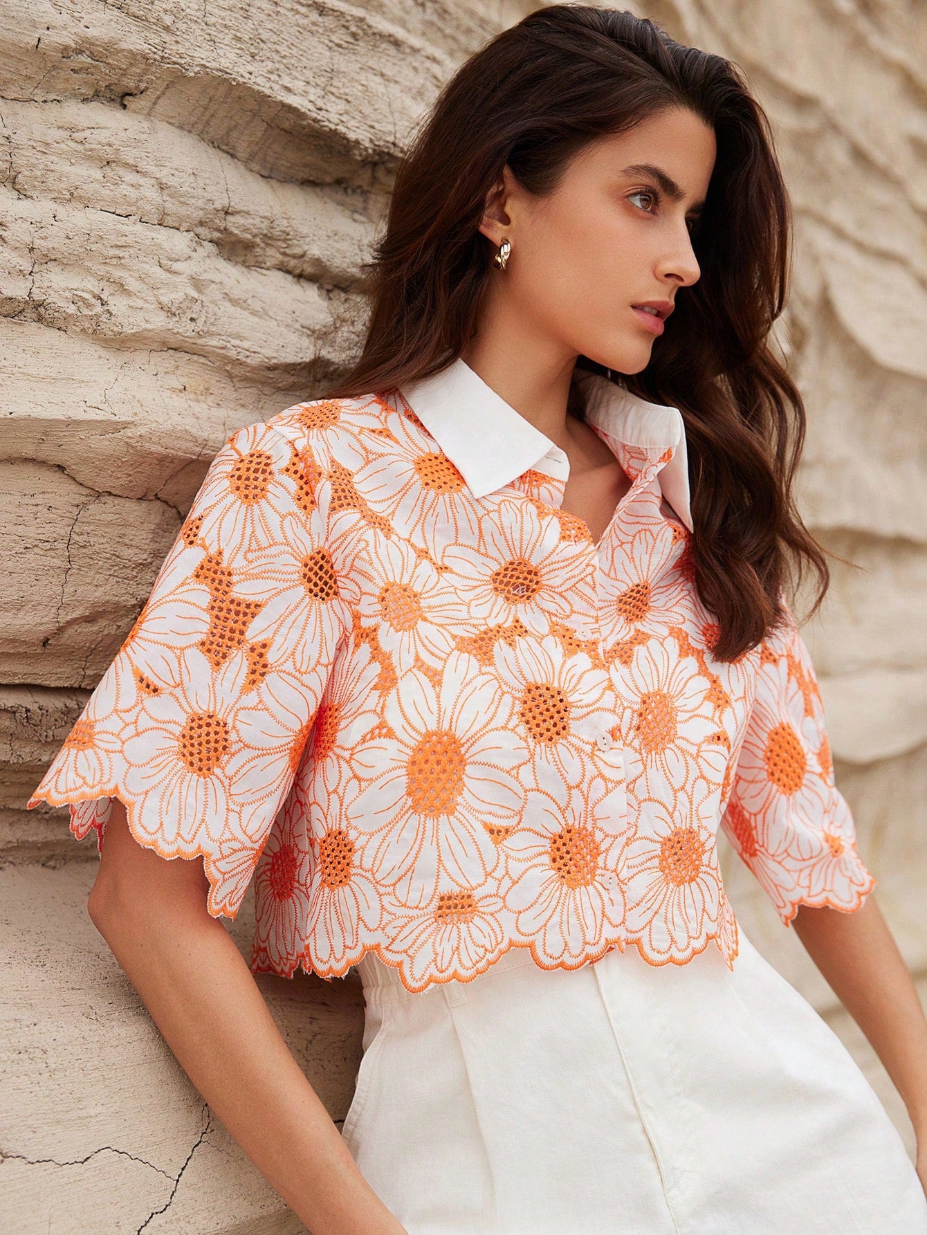 CM-TS660151 Women Trendy Bohemian Style Daisy Embroidery Hollow Out Shirt - Orange