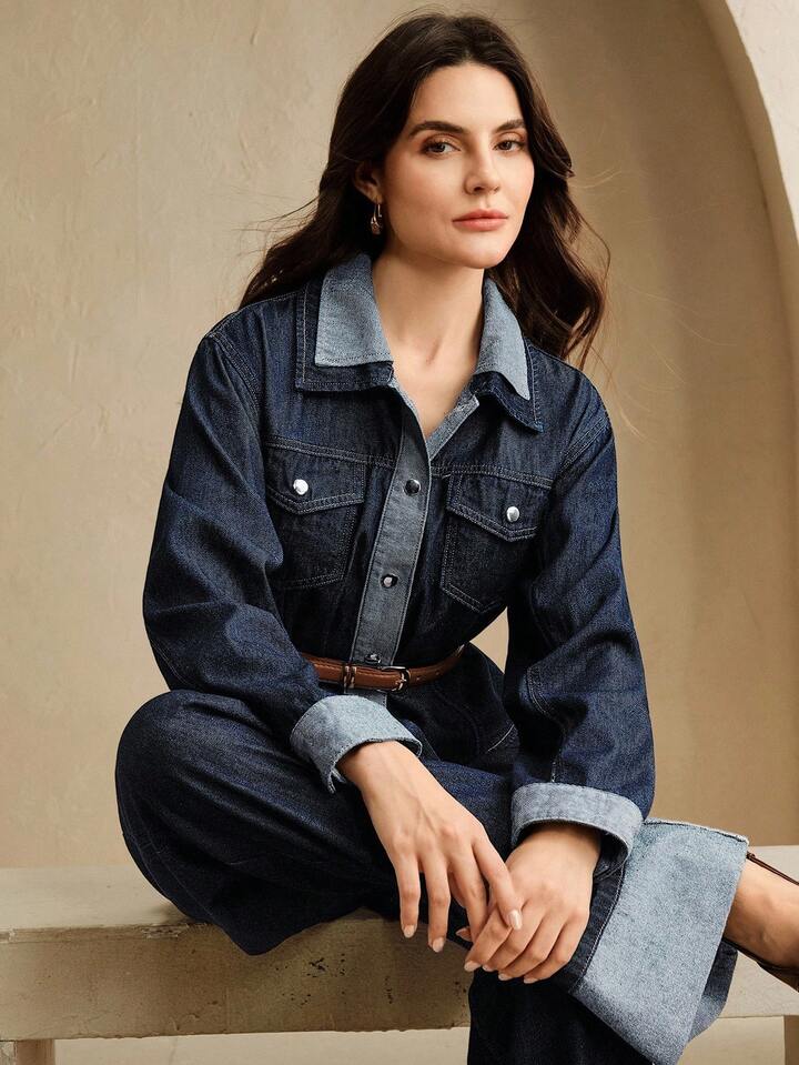 CM-CS284416 Women Casual Seoul Style Collar Neckline Long Sleeve Fitted Denim Jeans - Blue