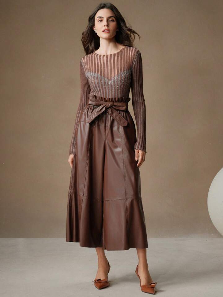 CM-BS730999 Women Elegant Seoul Style High Waist Faux Leather Wide Leg Pants - Chocolate Brown