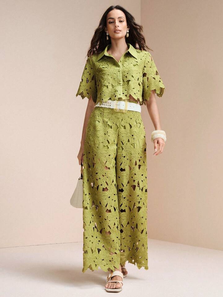 CM-SS474718 Women Trendy Bohemian Style Laser Cut Out Embroidered Short Sleeve Crop Top With Wide Leg Pants - Set
