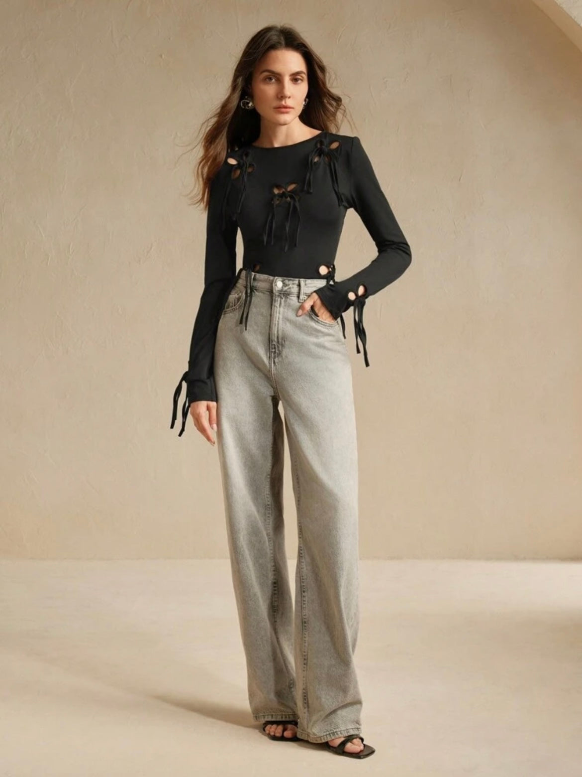CM-TS190703 Women Casual Seoul Style Elastic Hollow Out Twist Long Sleeve T-Shirt - Black