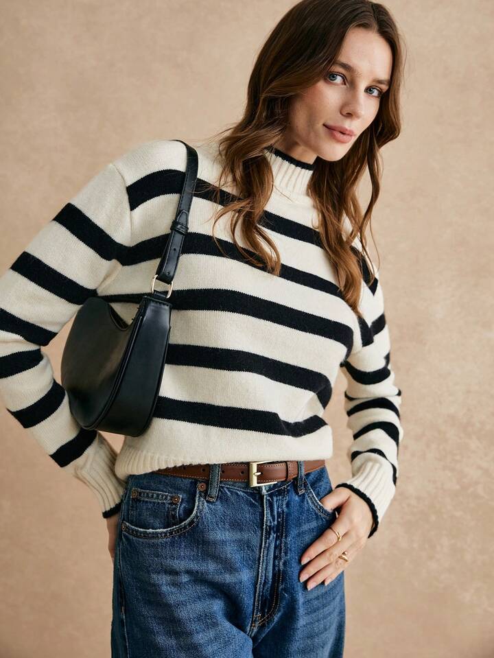 CM-CS287474 Women Casual Seoul Style Striped High-Necked Long Sleeve Rib-Knit Sweater