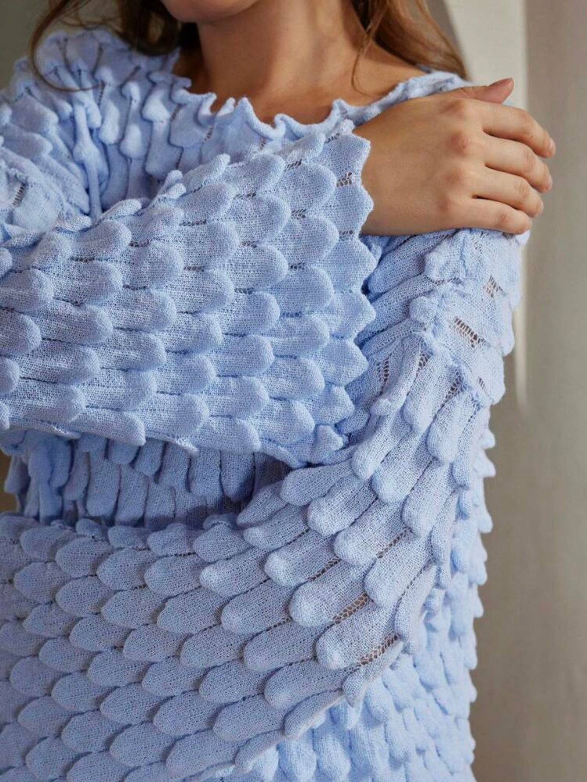 CM-CS494011 Women Casual Seoul Style Solid Color Textured Drop Shoulder Loose Knit Sweater