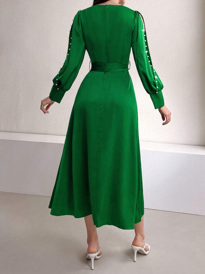 CM-DS988088 Women Elegant Seoul Style Round Neck Pearl Studs Hollow Out Dress - Green