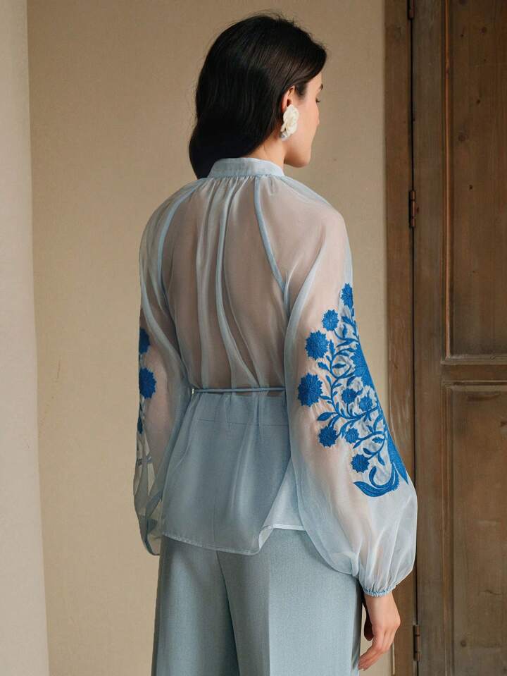 CM-TS389017 Women Elegant Seoul Style Stand Collar Long Sleeve Pleated Embroidered Tie Waist Blouse - Baby Blue