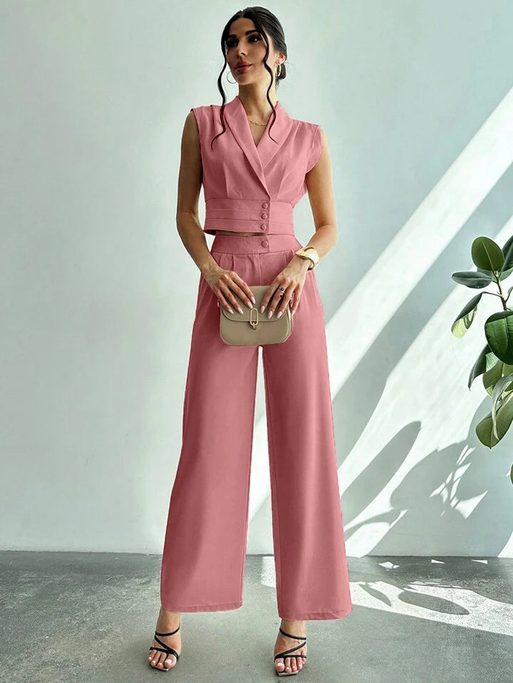 CM-SS413641 Women Elegant Seoul Style Collared Fitted Cap Sleeve Shirt With Straight-Leg Pants Suit - Dusty Pink