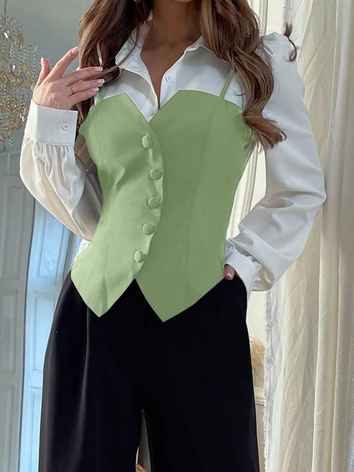 CM-TS731146 Women Elegant Seoul Style 2-In-1 Color Block Long Sleeve Shirt - Mint Green