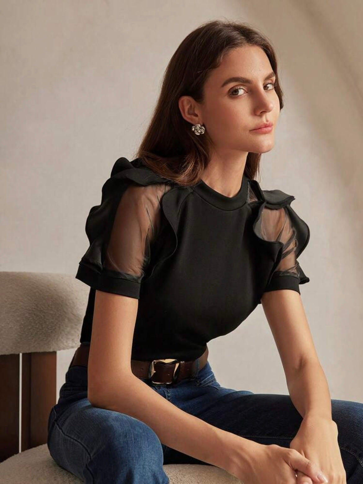 CM-TS001747 Women Elegant Seoul Style Round Neck Ruffle Trim Fitted Short Sleeve T-Shirt - Black