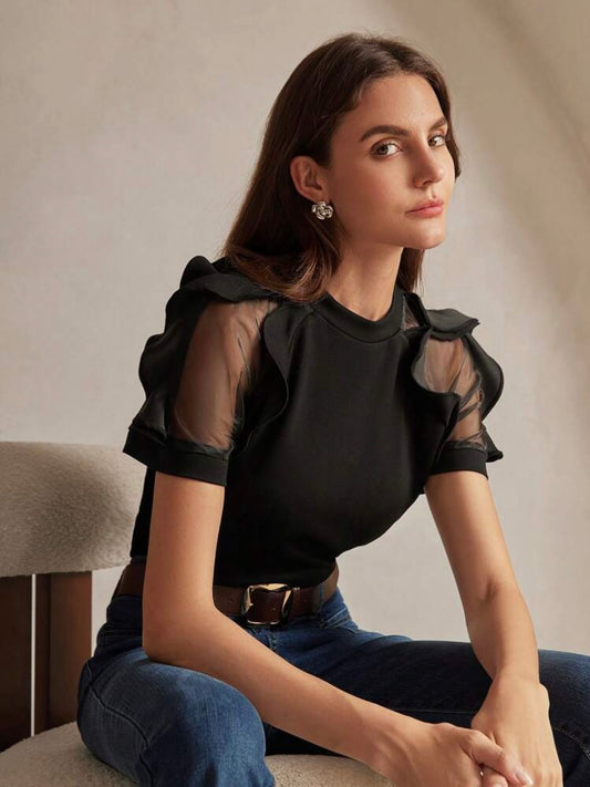 CM-TS001747 Women Elegant Seoul Style Round Neck Ruffle Trim Fitted Short Sleeve T-Shirt - Black
