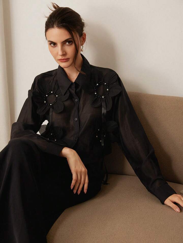 CM-TS577439 Women Elegant Seoul Style Floral Embroidery Sequins Splice Sheer Long Sleeve Blouse - Black