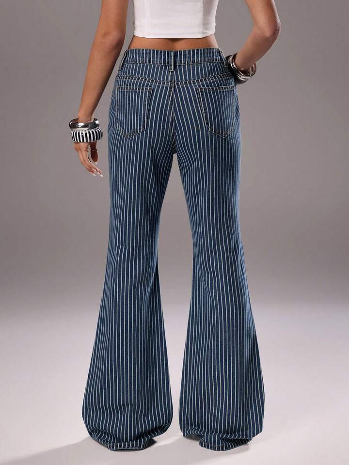 CM-BS658582 Women Casual Seoul Style Medium Wash Striped Patch Pocket Low Waist Flare Jeans