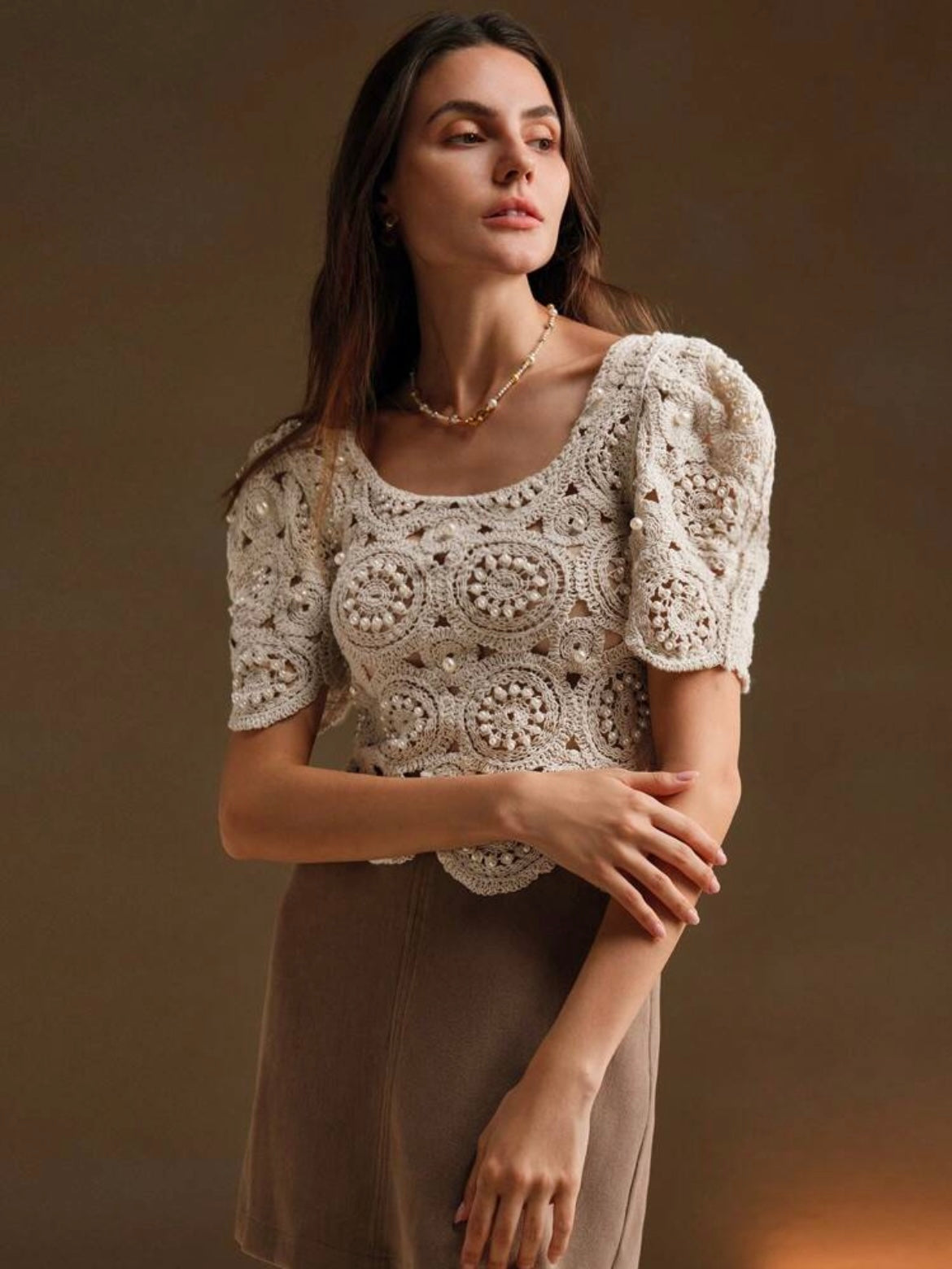 CM-TS880790 Women Casual Seoul Style Crochet Hollow-Out Balloon Sleeve Beaded T-Shirt - Apricot