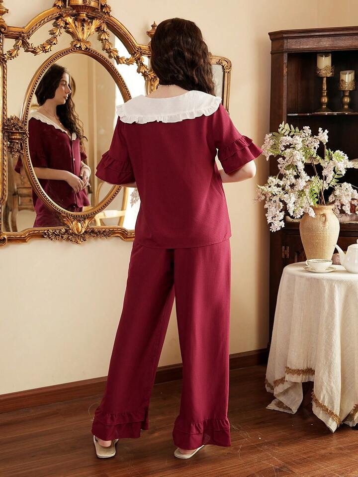 CM-LS043240 Women Trendy Seoul Style Peter Pan Collar Colorblock Ruffled Trim Pajama Set - Burgundy