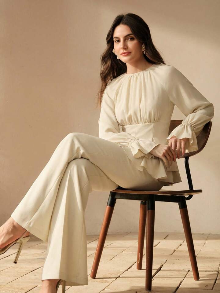 CM-SS834729 Women Elegant Seoul Style Round Neck Long Sleeve Chiffon Patchwork Blouse With Flared Leg Pants - Set
