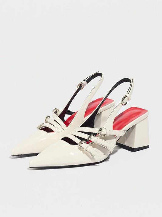 CM-SHS847892 Women Trendy Seoul Style Pointed Toe Slip-On PU Leather Buckle Strap Shoes - Beige