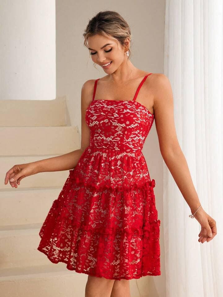CM-DS408989 Women Trendy Bohemian Style Lace Spaghetti Strap High Waist Mini Dress - Red