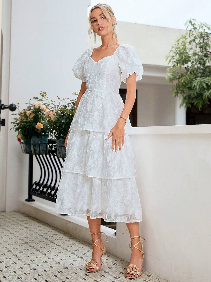 CM-DS311651 Women Elegant Seoul Style Sweetheart Neckline Short Sleeve Layered Floral Cutout Maxi Dress