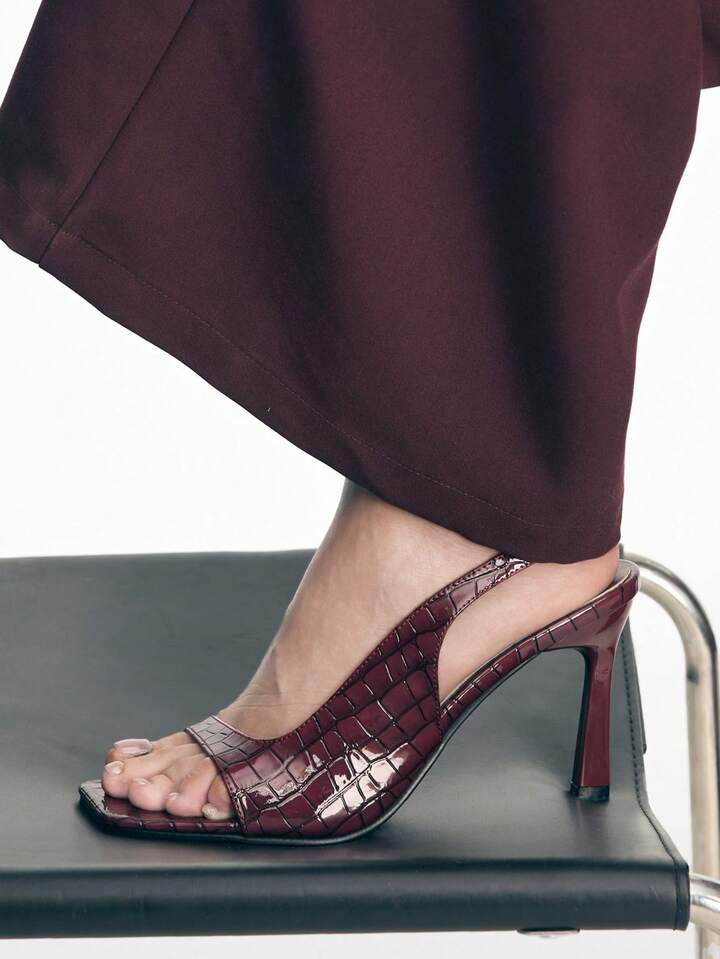 CM-SHS994189 Women Trendy Seoul Style Crocodile Pattern Slingback Square Toe Stiletto Sandals - Burgundy