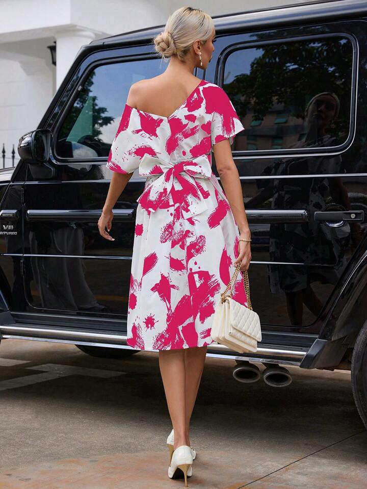 CM-DS886308 Women Trendy Bohemian Style Brush Print Asymmetrical Neck Dress - Hot Pink