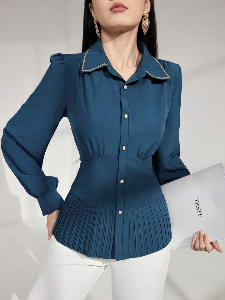 CM-TS121002 Women Casual Seoul Style Collar Neckline Long Sleeve Pleated Patchwork Shirt - Teal Blue