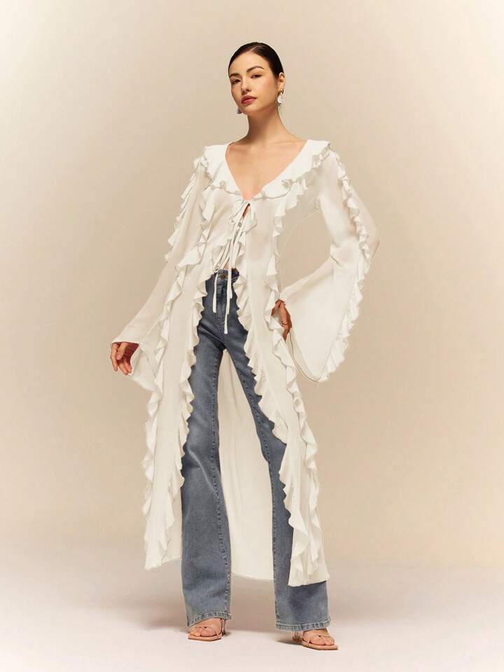 CM-TS176249 Women Casual Seoul Style Ruffle Tie Neck Extra Long Sleeve Sheer Long Shirt - Apricot