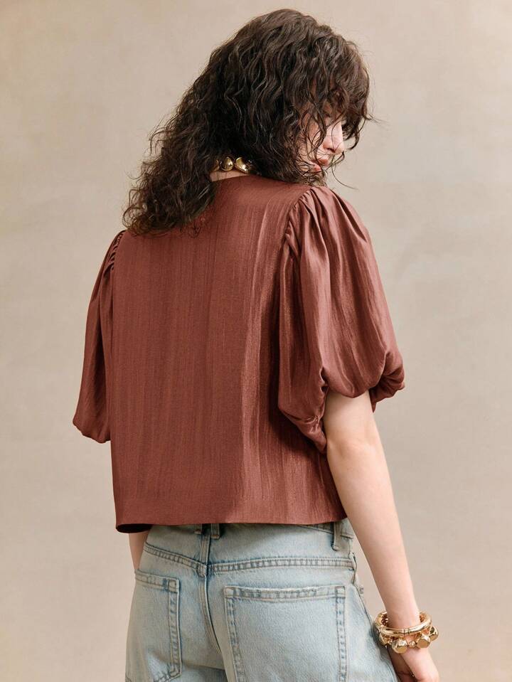 CM-TS081754 Women Elegant Seoul Style Satin Round Neck Puff Sleeve Golden Metal Button Decor Blouse - Maroon