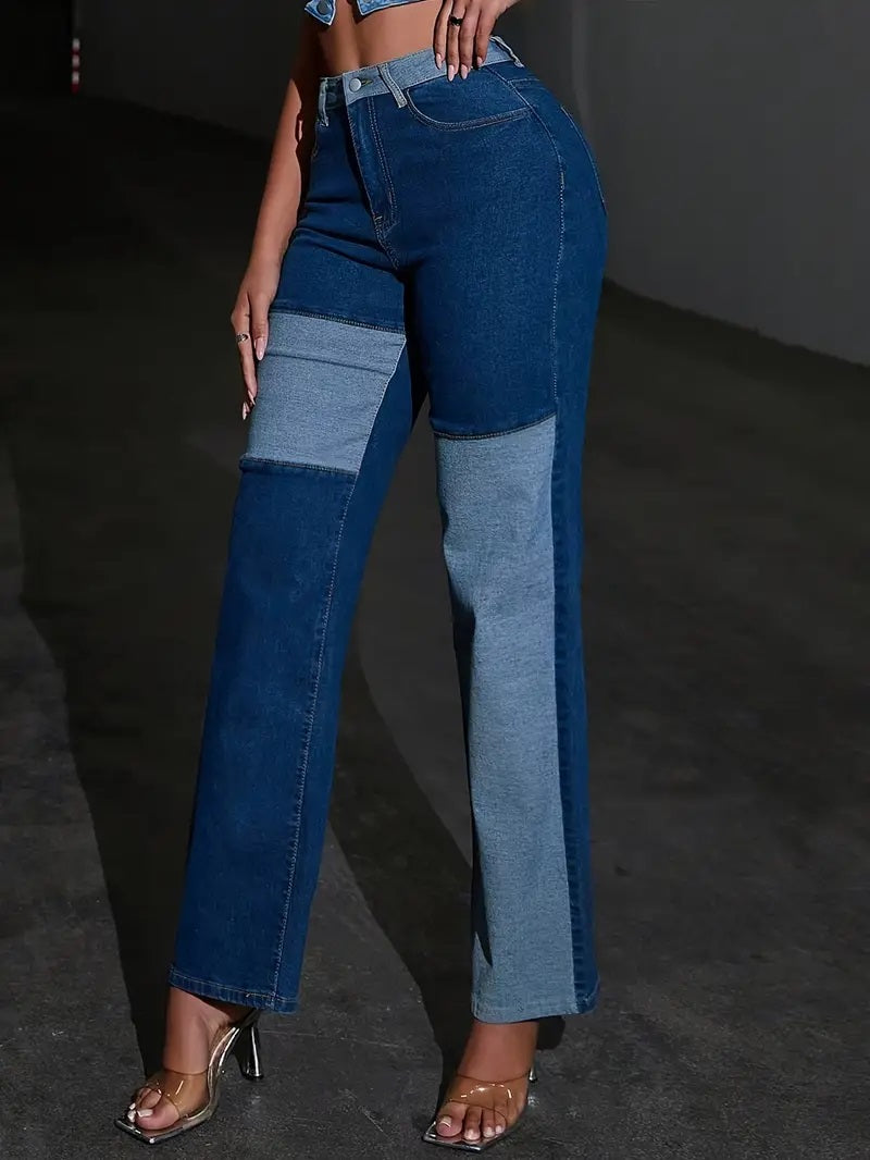 CM-BT103159 Women Casual Seoul Style High Waist Colorblock Patchwork Straight Leg Jeans