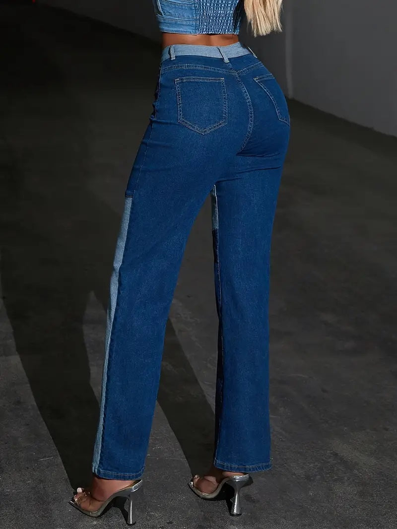 CM-BT103159 Women Casual Seoul Style High Waist Colorblock Patchwork Straight Leg Jeans
