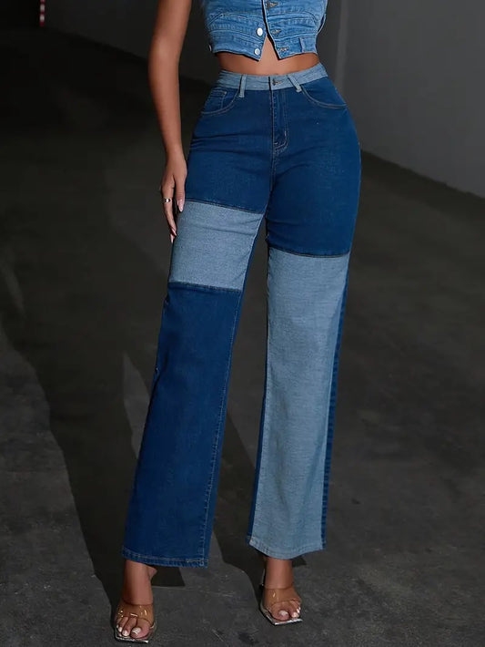 CM-BT103159 Women Casual Seoul Style High Waist Colorblock Patchwork Straight Leg Jeans