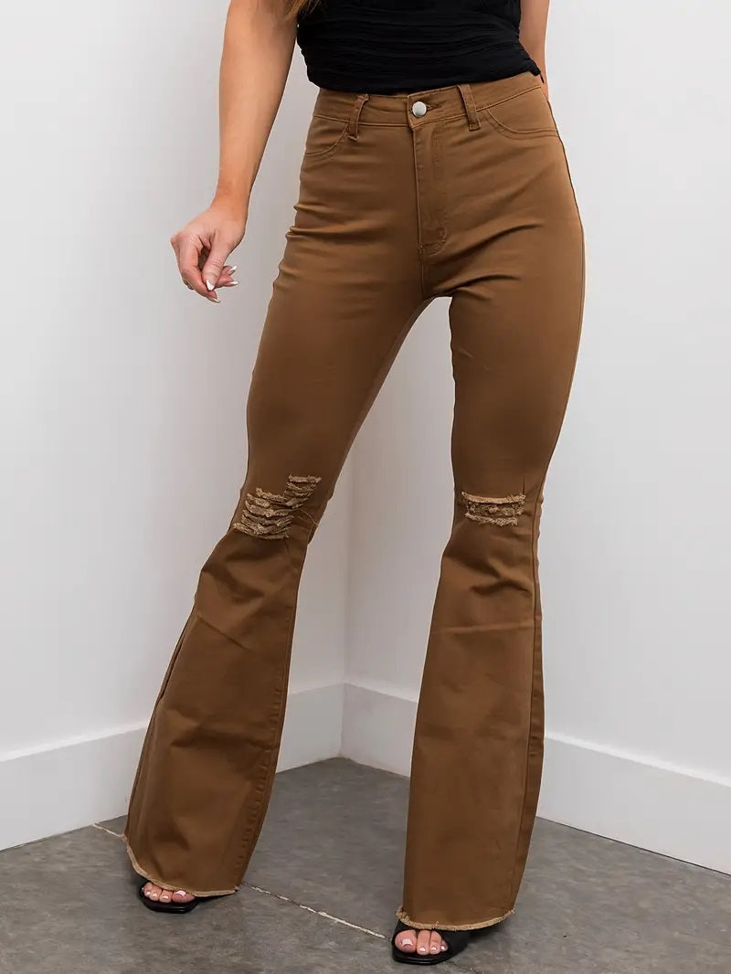 CM-BT042184 Women Casual Seoul Style Mid Waist Raw Trim Ripped Flare Jeans - Caramel