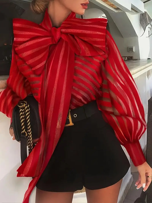 CM-TT744018 Women Elegant Seoul Style Tie Neck Bow Striped Puffy Sleeve Blouse - Red