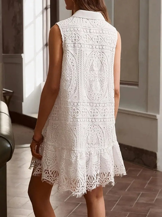 CM-DT506724 Women Elegant Seoul Style Lace Trim Sleeveless Button-Front Collar Knee-Length Dress