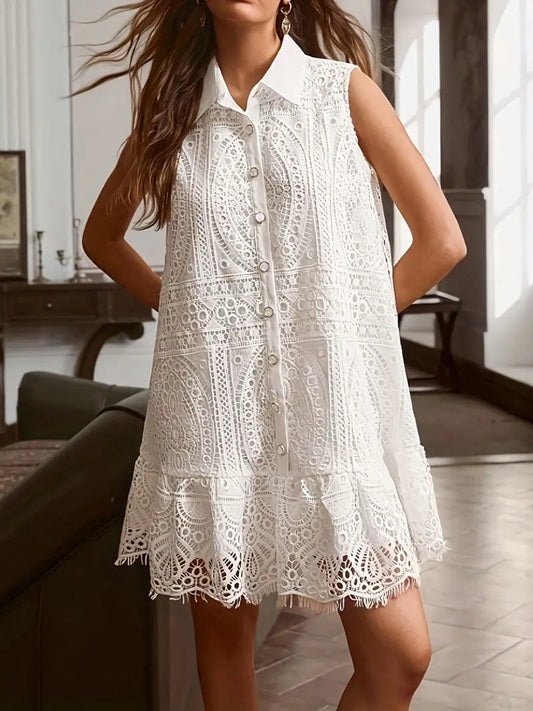 CM-DT506724 Women Elegant Seoul Style Lace Trim Sleeveless Button-Front Collar Knee-Length Dress