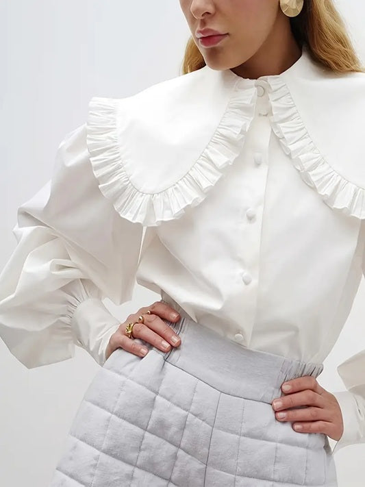 CM-TT720688 Women Casual Seoul Style Solid Color Asymmetrical Wide Shoulder Puff Sleeve Blouse