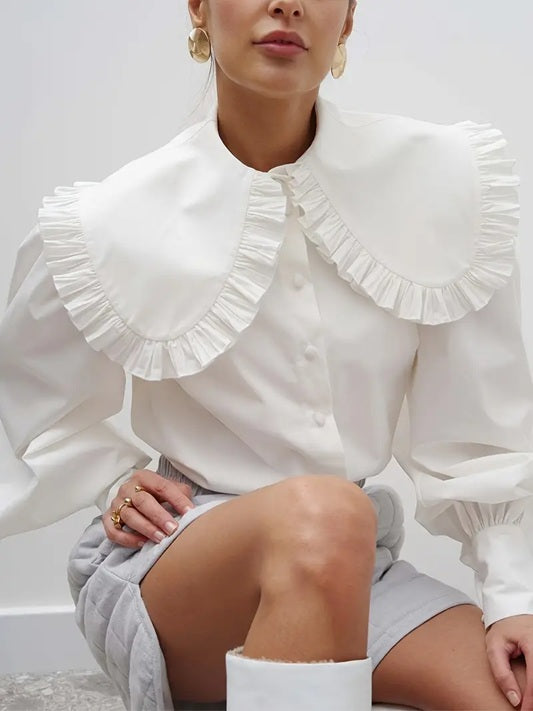 CM-TT720688 Women Casual Seoul Style Solid Color Asymmetrical Wide Shoulder Puff Sleeve Blouse