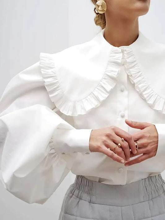 CM-TT720688 Women Casual Seoul Style Solid Color Asymmetrical Wide Shoulder Puff Sleeve Blouse