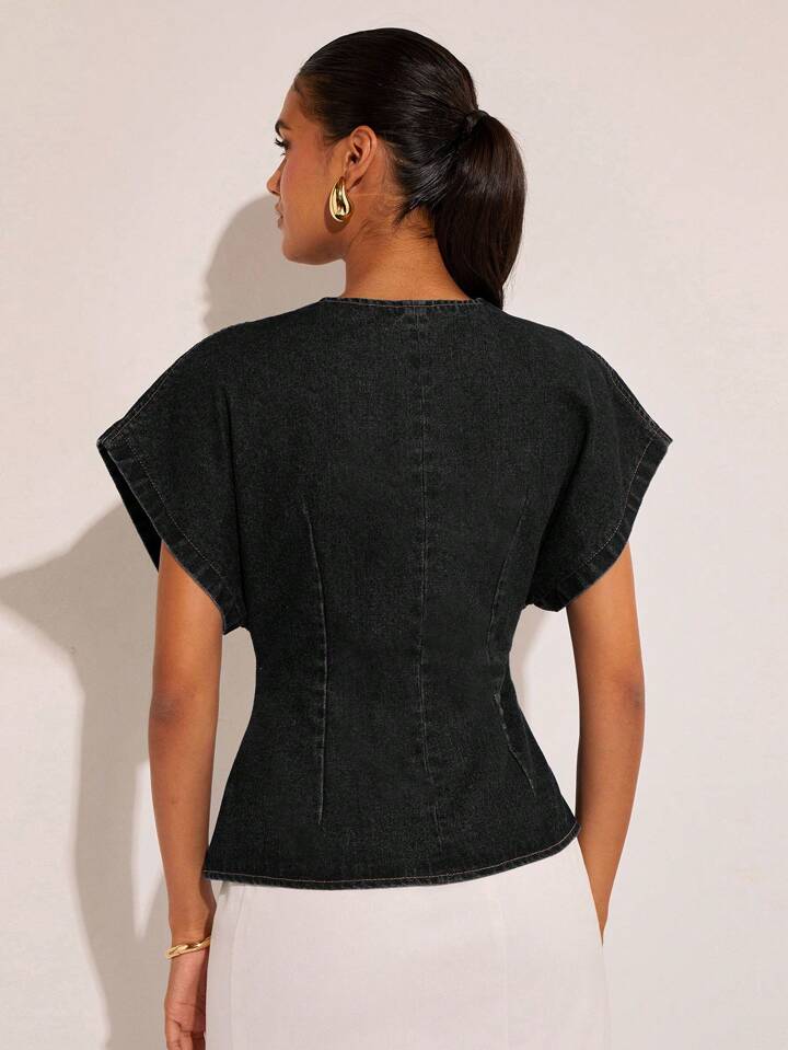CM-TS592827 Women Casual Seoul Style Single-Button V-Neck Batwing Sleeve Denim Blouse - Black