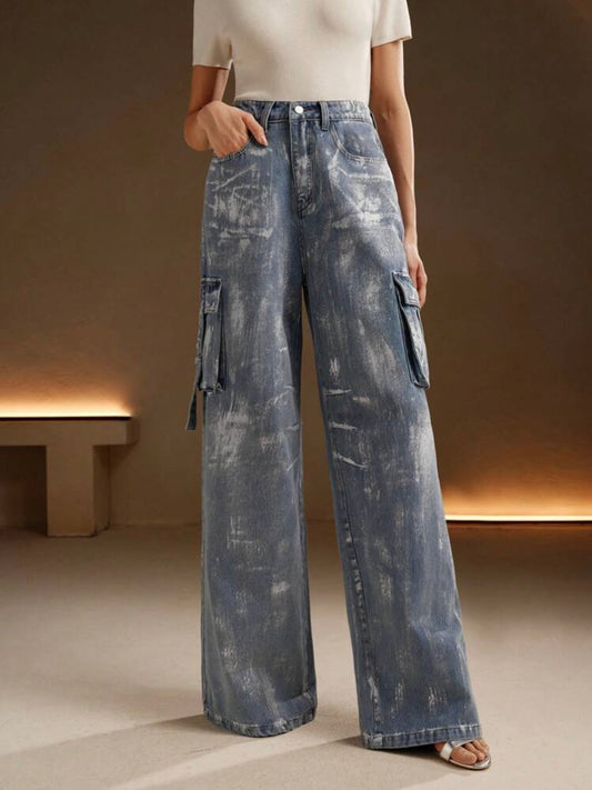 CM-BS089998 Women Elegant Seoul Style Distressed Embellished Silver Print Denim Cargo Pants