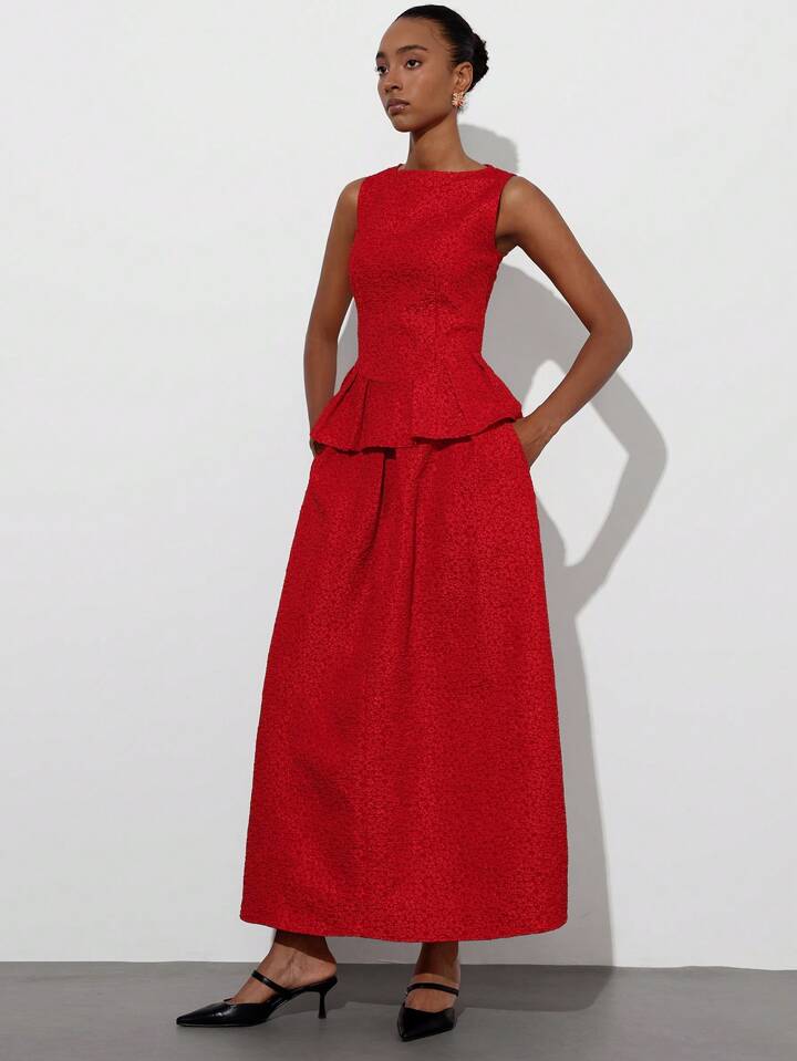 CM-SS678805 Women Elegant Seoul Style Sleeveless Jacquard Top With Layered Waist Detail Extra Long Skirt - Set