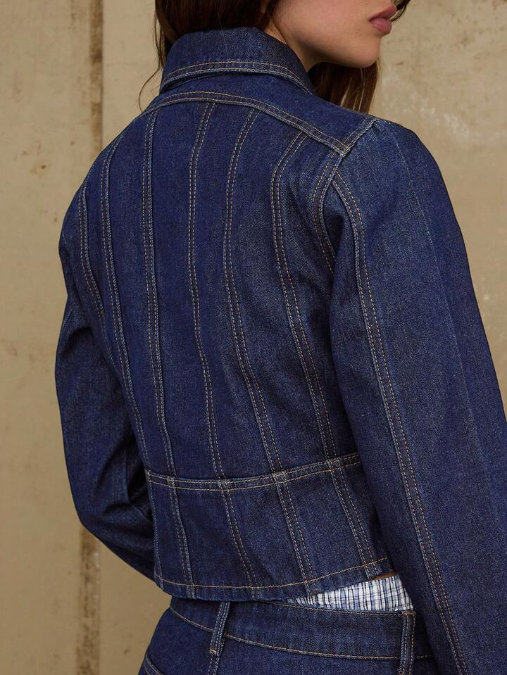 CM-CS494036 Women Casual Seoul Style Dark Wash Zip Front Fitted Crop Denim Jacket