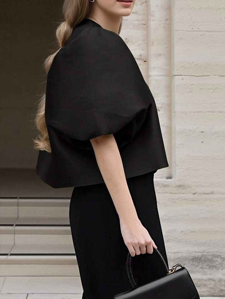 CM-TS414658 Women Elegant Seoul Style Solid Color Round Neck Puff Sleeve Shirt - Black