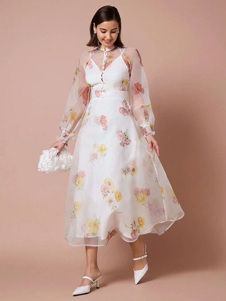 CM-DS711597 Women Elegant Seoul Style Collar Neckline Long Sleeve Floral Print Mesh Overlay Dress