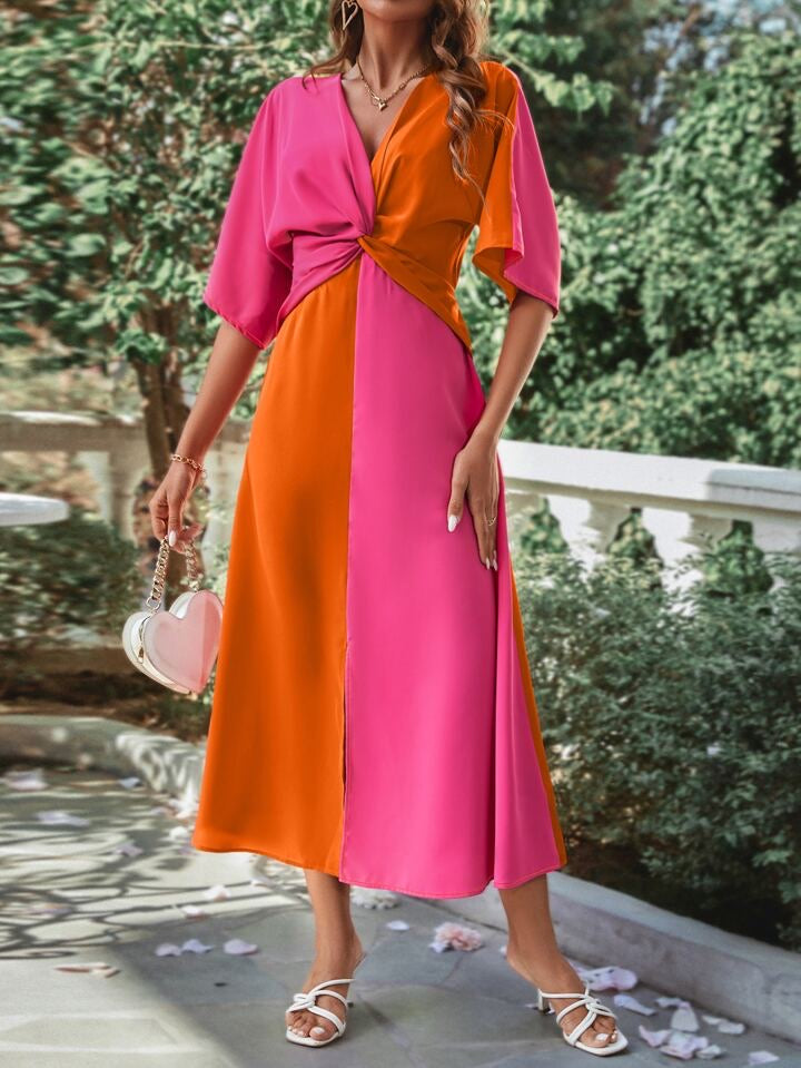 CM-DS037507 Women Trendy Bohemian Style Two Tone Twist Front Split Hem Dress