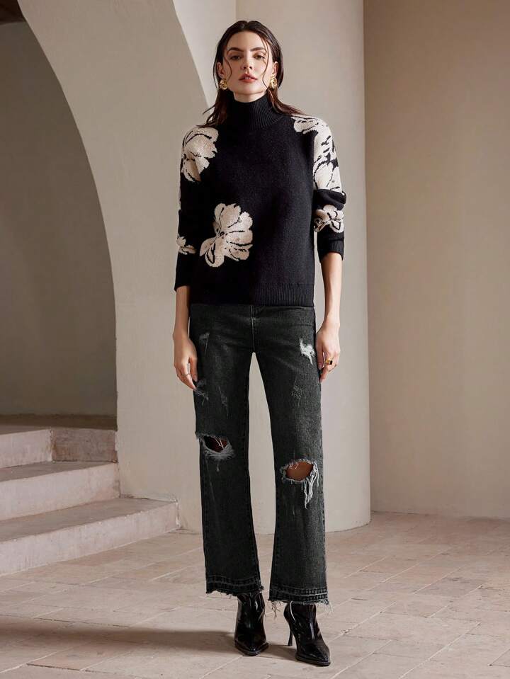 CM-CS877373 Women Casual Seoul Style Stand Collar Long Sleeve Floral Rhinestone Embellished Sweater