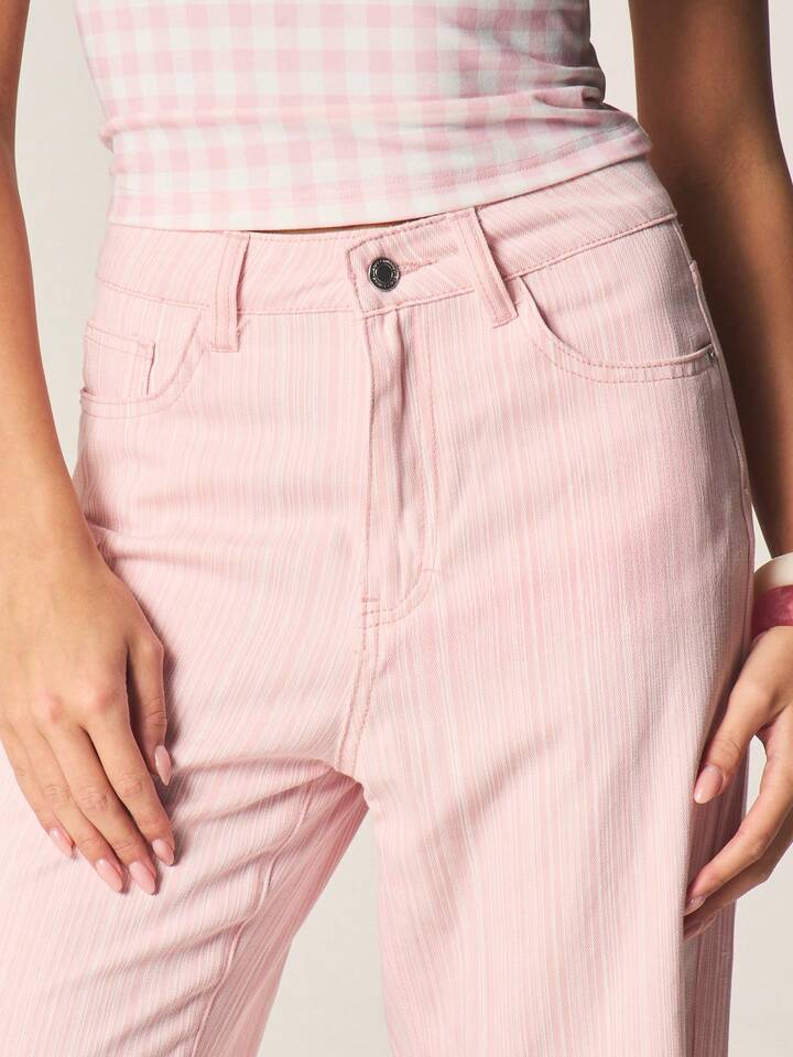 CM-BS845552 Women Casual Seoul Style Mid Rise Striped Pattern Wide Leg Denim Jeans - Pink