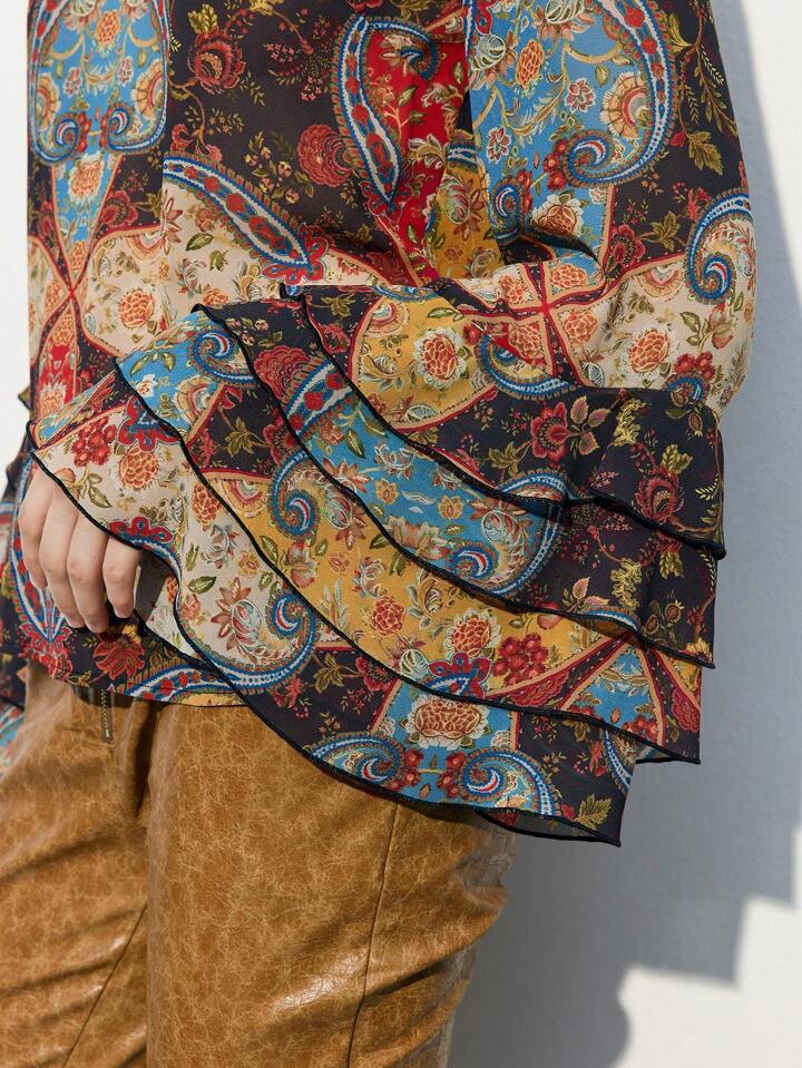 CM-TS979228 Women Trendy Bohemian Style Stand Collar Floral Print Bell Sleeve Layered Blouse