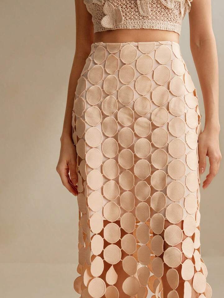 CM-BS311546 Women Trendy Bohemian Style Laser Cut Multi Circle Double Layered Maxi Skirt - Apricot